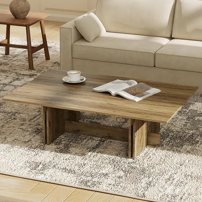 47 Inch Modern Farmhouse Coffee Table, Large Rectangular Wood Center Table with Cross Base for Living Room, Rustic Industrial Cocktail Table, Oak