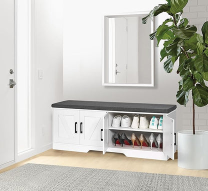 HOMSHO 2-Tier Storage Bench, 47.2" Wide Shoe Bench with Padded Seat Cushion, Entryway Bench with 4 Barn Doors and Adjustable Shelf, White