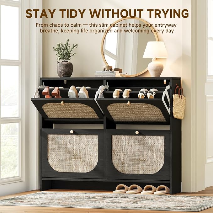 Nicetree Shoe Storage Cabinet for Entryway, Rattan Vintage Flip Shoe Rack- 4 Flip Drawers & 3-Tier Adjustable Shelves,Boho Shoe Organizer for 28-36 Pairs - Fits Size 12 Boots, 9.5" Ultra Slim