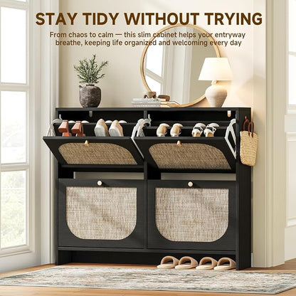 Nicetree Shoe Storage Cabinet for Entryway, Rattan Vintage Flip Shoe Rack- 4 Flip Drawers & 3-Tier Adjustable Shelves,Boho Shoe Organizer for 28-36 Pairs - Fits Size 12 Boots, 9.5" Ultra Slim