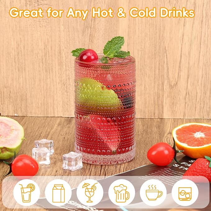 Moretoes 8 Pack Hobnail Drinking Glasses Set, 12 Oz Highball Glasses & 10 Oz Cocktail Glasses, Clear Embossed Water Glass Cups Kitchen Bar Tumbler Glassware Set for Whiskey, Beer, Juice, Milk