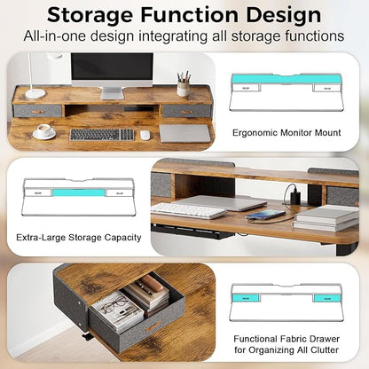 Electric Standing Desk with Drawers, 55 Inch Height Adjustable Desk with Power Outlets & LED Lights, Sit Stand Table with Monitor Stand for Home, Office, Rustic Brown