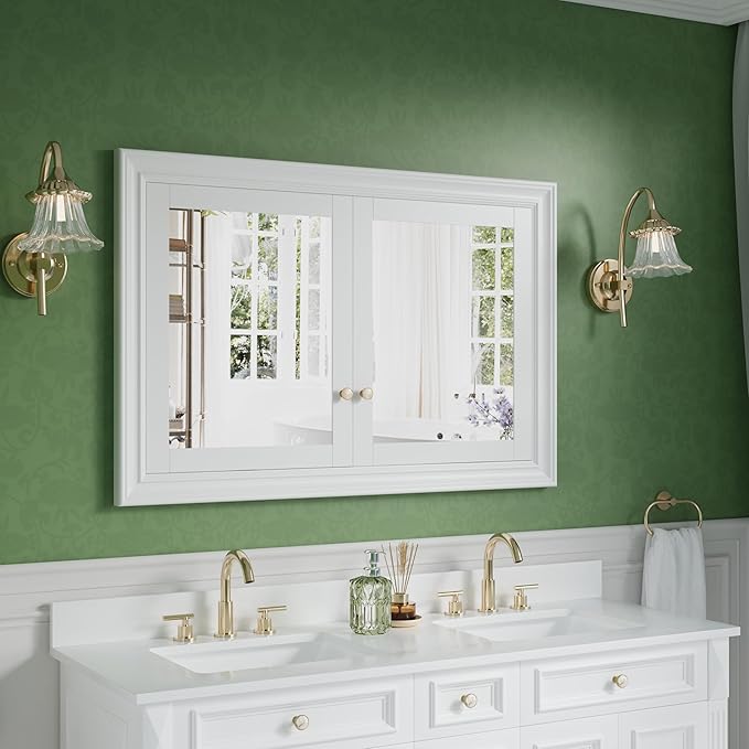 WELLFOR 48"x 32" Bathroom Medicine Cabinet with Dual Mirrors, Recessed Wood Medicine Cabinet with 6-Tier Adjustable Glass Shelves and Soft-Close Door