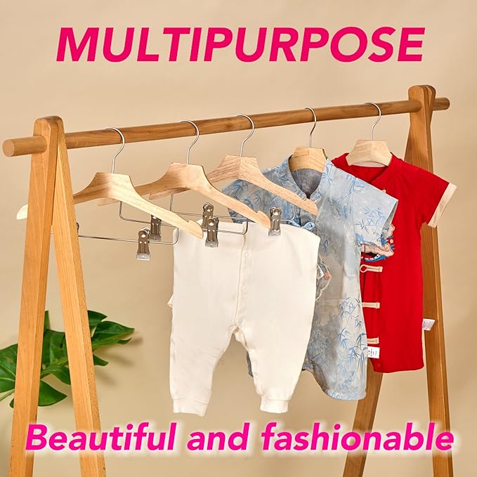 Natural 12.7" Ultra-Thin Wooden Children Closet Clothes Clips Hangers 20PCS Wood Baby Kids Coat Hangers for Infant Toddler Newborn Jumpsuit Pants Skirts Jeans Space Saving Heavy Duty Durable