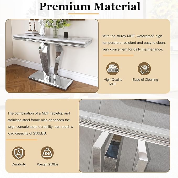 47 inch Silver Console Table, Modern Entryway Table with Diamond-Shaped Metal Base for Entrance, Hallway, Living Room (White Faux Marble & Silver)