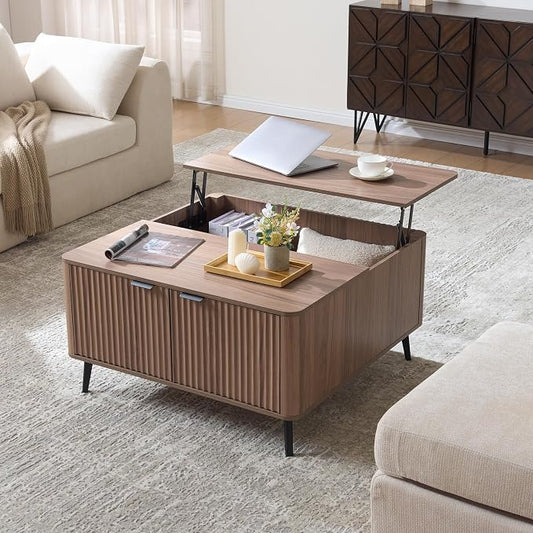 Fatmok Large Lift Top Coffee Table with Hidden Compartment, 35.4" Wide Oversized Square Coffee Table with Storage, Mid Century Modern Fluted Center Table for Home Living Room, Brown