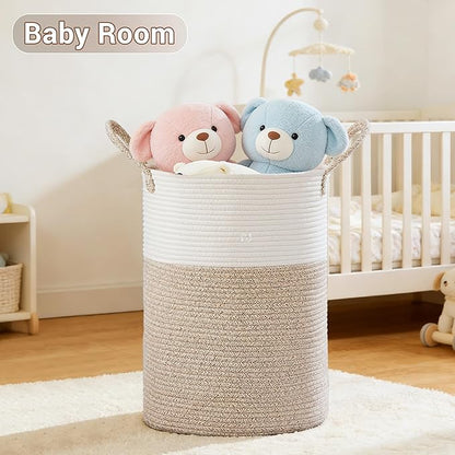 Tall Laundry Basket with Handles, 100L Portable Dirty Clothes Hamper, Boho Cotton Rope Storage Bin for Blankets Kids Toys Gifts, Extra Large Organizer for Baby Nursery Bedroom Bathroom, Brown