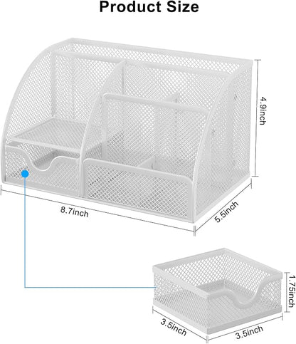 EasyPAG Mesh Desk Organizer with Drawer Multi-functional Pen Holder Stationery Organizer for Office School Supplies 6 Compartments Dorm Organizers and Storage for Desk, White