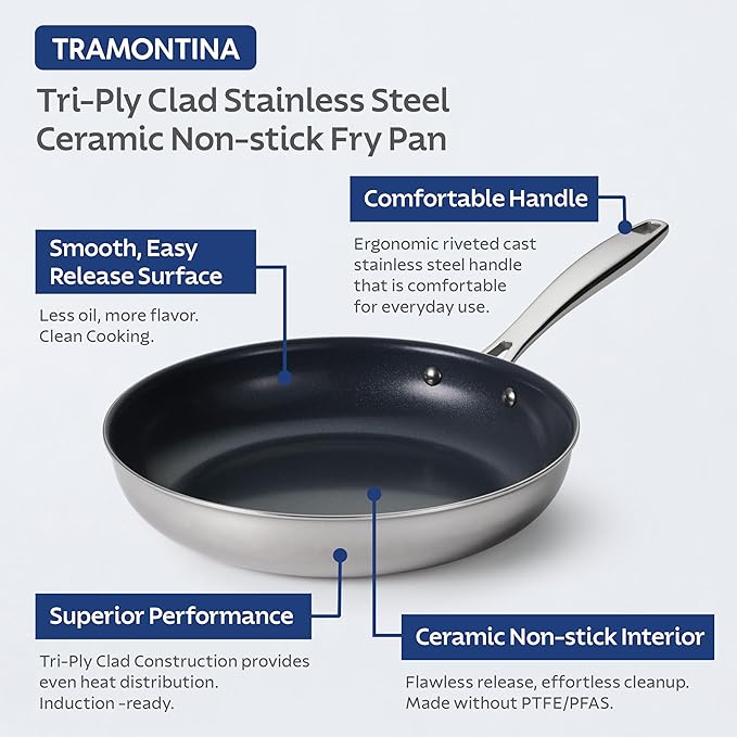 Tramontina Signature 8-Inch Tri-Ply Clad Stainless Steel Small Frying Pan with Ceramic Non Stick Interior, Induction-Ready Nonstick Skillet, Oven-Safe, Made in Brazil