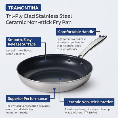 Tramontina Signature 8-Inch Tri-Ply Clad Stainless Steel Small Frying Pan with Ceramic Non Stick Interior, Induction-Ready Nonstick Skillet, Oven-Safe, Made in Brazil
