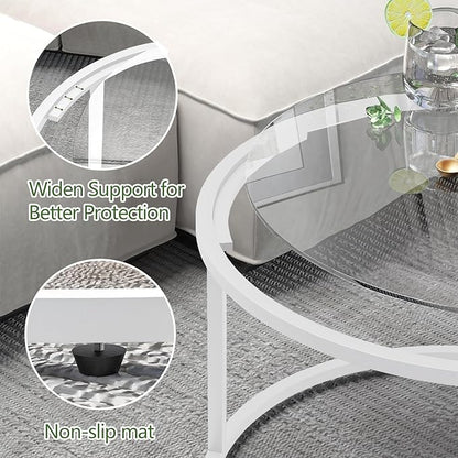 Round Glass Coffee Table for Living Room,Minimalist Modern Center Table with Metal Frame for Small Space,Easy Assembly,27 x 27In, White