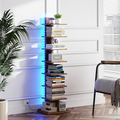 TUTOTAK Narrow Bookshelf, 8-Tier Bookcase with LED Lights, Spine Book Shelf for Small Space, Corner Standing Shelf for Living Room, Office, Study, Entryway, Rustic Brown BS06BB008L