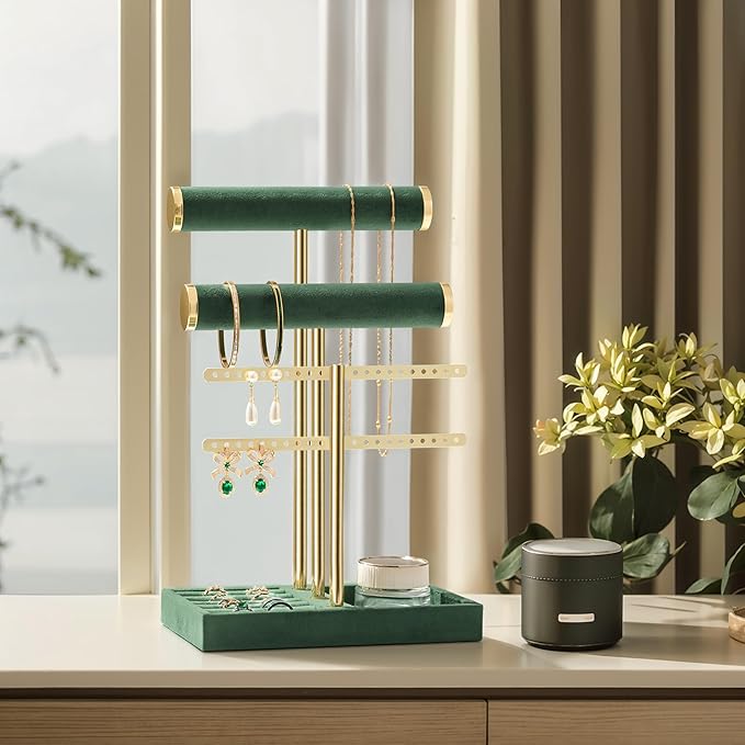 bussdis 3 Tier Bracelet Holder Display - Detachable T Bar Dark Green Velvet Bracelet Holder, Jewelry Holder Organizer for Bracelet, Necklace, Earrings, Rings