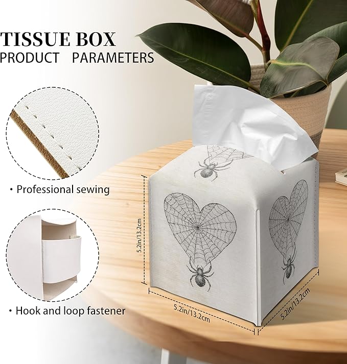 Grace Yonks Gothic Tissue Box Cover Square - Heart Web with Spider Design 5.2" PU Leather Holder for Vanity, Desk, or Bathroom Counter - Cube Case for Facial Tissues. (119)