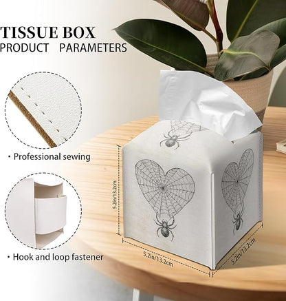 Grace Yonks Gothic Tissue Box Cover Square - Heart Web with Spider Design 5.2" PU Leather Holder for Vanity, Desk, or Bathroom Counter - Cube Case for Facial Tissues. (119)