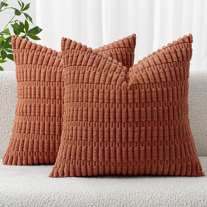 MIULEE Pack of 2 Dark Rust Corduroy Decorative Euro Sham Pillow Covers 24x24 Inch Soft Boho Striped Throw Pillow Covers Modern Farmhouse Home Decor for Summer Sofa Living Room Couch Bed