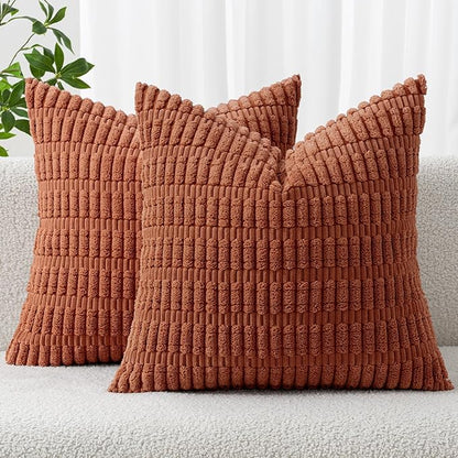 MIULEE Pack of 2 Dark Rust Corduroy Decorative Pillow Covers 12x12 Inch Soft Boho Striped Throw Pillow Covers Modern Farmhouse Home Decor for Summer Sofa Living Room Couch Bed