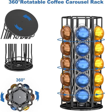Coffee Pod Holder for Nespresso Vertuoline, Nespresso Vertuo Pods Holder Carousel Stand Storage, 360-Degree Spining Nespresso Vertuoline Pods Organizer, Metal Black - Holds 30 Pods