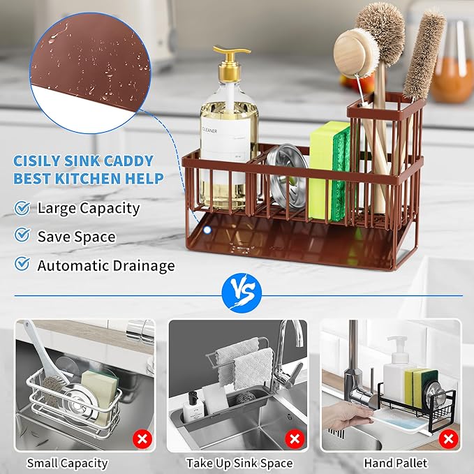 Cisily Kitchen Sink Caddy - Sponge Holder and Organizer with High Brush Holder, Rustproof 304 Stainless Steel Sink Accessories (Brown)
