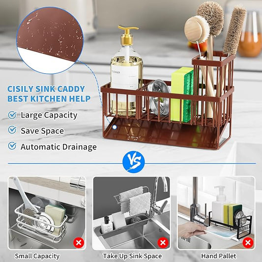 Cisily Kitchen Sink Caddy - Sponge Holder and Organizer with High Brush Holder, Rustproof 304 Stainless Steel Sink Accessories (Brown)
