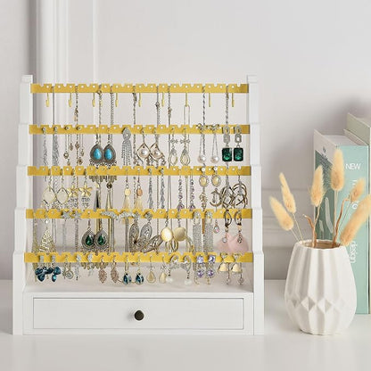 Pinzoveco Earring Organizer, 5 Layer Earring Holder Organizer with Metal Necklace Holder Pole, Rustic Wood Jewelry Organizer Stand Display for Stud Earring Bracelet Necklace Ring, 175 Earring Holes