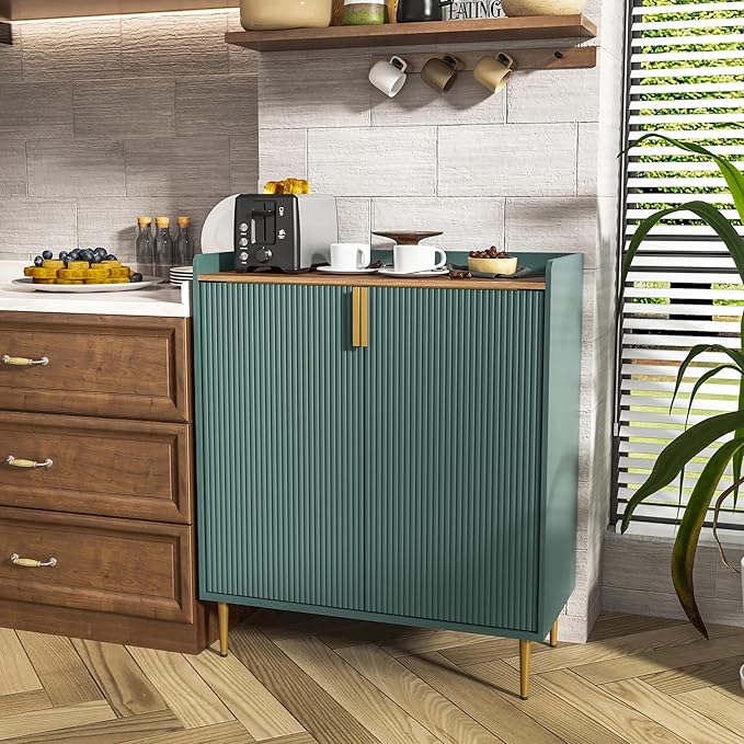 ARTPOWER Coffee Bar Cabinet with Wine Racks, Green Liquor Cabinet with Fluted Texture, Modern Sideboard Buffet Cabinet for Kitchen Dining Room, Living Room