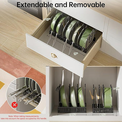 MUDEELA Pots and Pans Organizer Rack under Cabinet 8-Tiers Adjustable Pot Rack with 3 DIY Methods, Expandable 11.65'' to 19" Pot Lid Organizer for Kitchen Pantry Cabinet Organization and Storage
