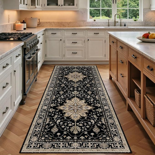 RELEANY Area Rugs Runner 3'x7' Washable Non-Slip, Floral Vintage Distress Medallion Carpet for Kitchen Hallway Bedroom Beside Laundry Room Bathroom, Black Brown Neutral Dark Tan