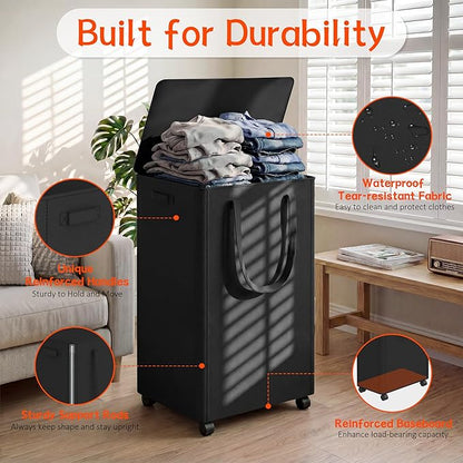 Slim Laundry Hamper with Wheels,25 Gal (95L) Rolling Laundry Basket with lid and wheels Clothes Hamper Foldable Tall Dirty Clothes Basket Sturdy Collapsible Clothes Hamper for Dorm,Laundry Room