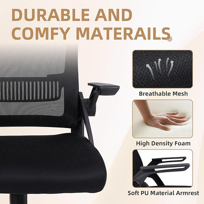 Office Chair, Ergonomic Desk Chair with Lumbar Support, Breathable Mesh Chair with Flip-up Armrests and Mid Back, Comfy Task Computer Height Adjustable Swivel Chair (8, Black)