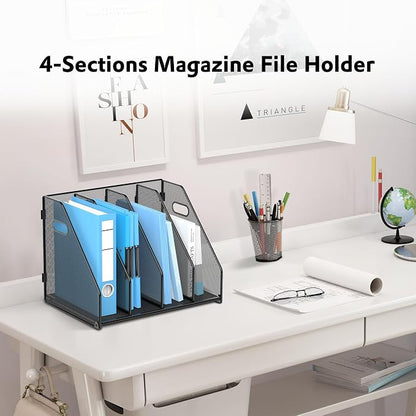 SUPEASY Binder Organizer, Magazine File Holder with 4 Vertical Compartments Rack, Metal Desk File Organizer & Binder Holders, Magazine Organizers for Office Desktop, Home, School (Black)