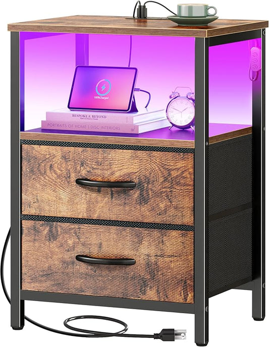 Huuger Night Stand with Charger Station and LED Lights, 2 Drawer Nightstand, Bed Side Table with Open Shelf, End Table, Fabric Dresser for Bedroom, Rustic Brown