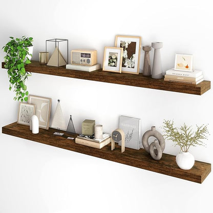 Fun Memories 66 Inch Fireplace Mantel - Long Floating Shelf, Wall Mounted Farmhouse Display with Invisible Heavy Duty Metal Bracket, Brown, 2 Pack