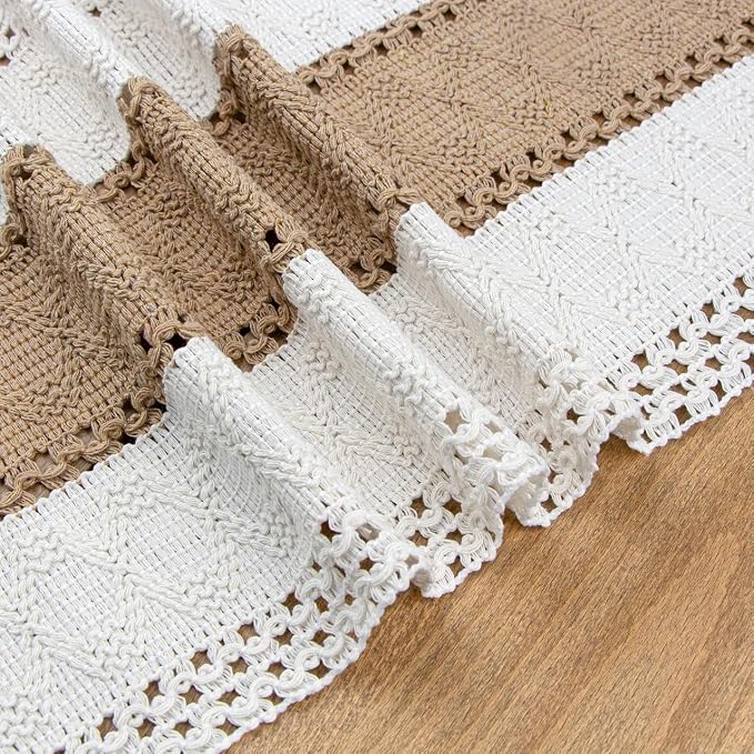 FEXIA Boho Table Runner for Home Coffee Decor 90 Inches Long Farmhouse Rustic Table Runner Macrame Burlap Centerpieces for Tables Decoration for Kitchen Bedroom Decor Bridal Shower (12x90 Inches)