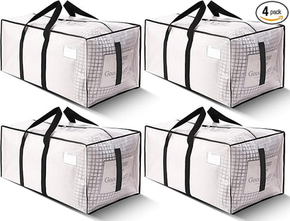 HOMESURE Supports 200lbs Heavy Duty Moving Bags - Strong Zipper & Wrap-Around Handles - Water-Resistant Storage Totes, Durable Alternative to Moving Boxes - 4 Pack - Semi-Transparent