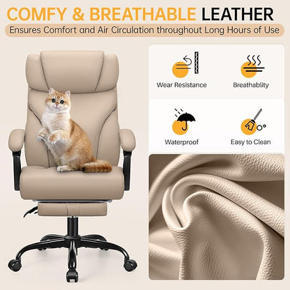Office Chair, Executive Big and Tall Leather Desk Chairs with Footrest, Ergonomic Breathable Computer Chair with Adjustable High Back, Lumbar Support Swivel PC Chairs with Rocking Function