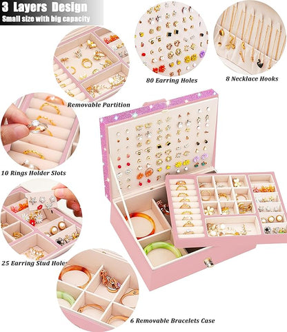 QBestry Jewelry Box for Earrings for Girls Jewelry Organizer Box Earring Holder Organizer for Girl Earring Box Jewelry Box Stud Earring Organizer for Girls Earring Jewelry Boxes for Women Pink Bling