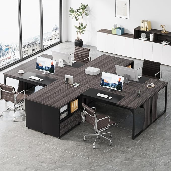 L Shaped Executive Computer Desk with Mobile File Cabinet and LED Light, 63 inch Large Office Table Business Furniture with Storage and Drawers for Home Office, Gray and Black