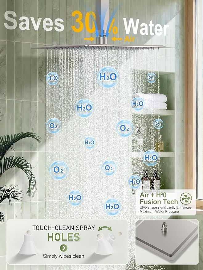 Shower Faucet Set, 10" Ceiling Mount Rainfall Shower System with 10'' Top Head+6'' Side Head and Multi-function Handheld Head Push Button Diverter Shower Faucet Trim Kit