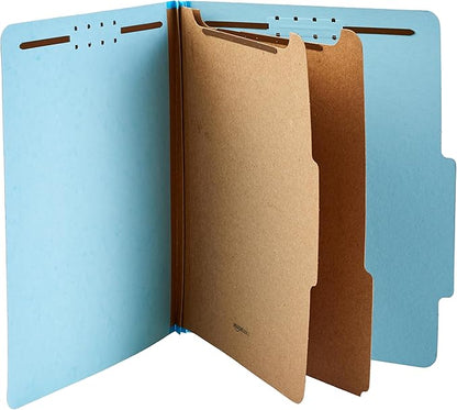 Amazon Basics Classification Folder with Prongs, 100% Recycled, 2 Dividers, 2" Embedded Fasteners, Letter Size, for Documents Organization, Light Blue, 10 Count (Pack of 2)