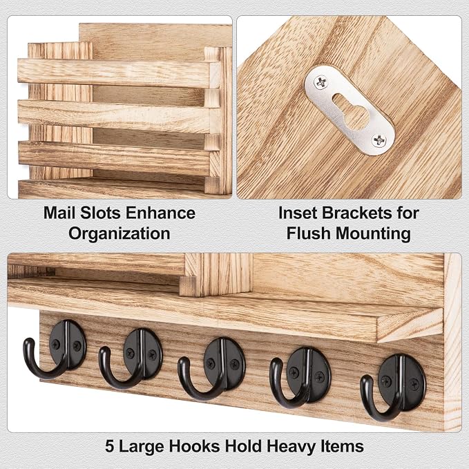 Lwenki Key Holder for Wall – Decorative Wooden Mail Holder and Key Shelf with Mounting Hardware, Installation Guide – Paulownia Wood with Metal Key Hooks (Wood, Large - 11.8inch)