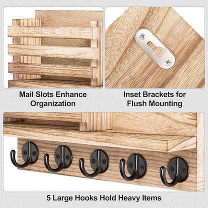 Lwenki Key Holder for Wall – Decorative Wooden Mail Holder and Key Shelf with Mounting Hardware, Installation Guide – Paulownia Wood with Metal Key Hooks (Wood, Large - 11.8inch)