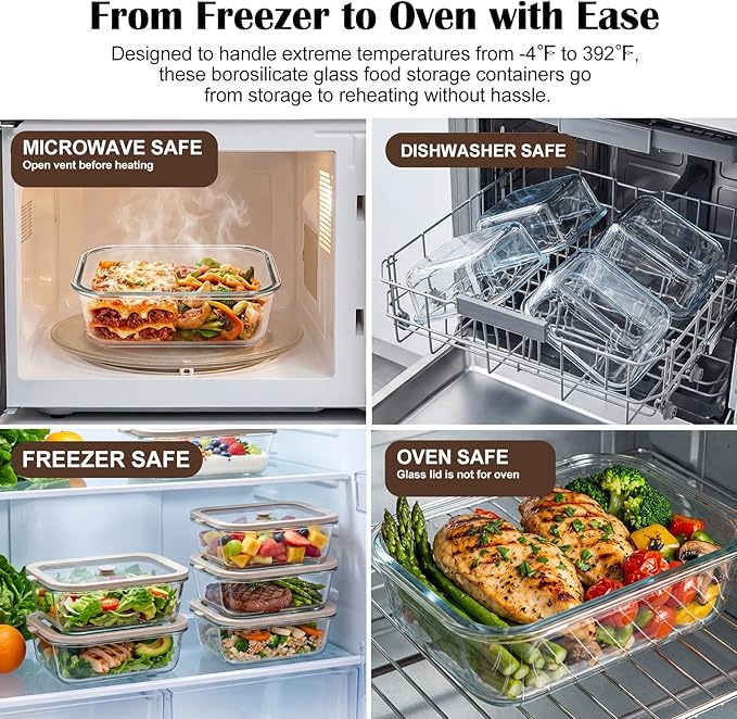 2 Pack 50 oz Large Glass Food Storage Containers with Lids,6.2 Cups Airtight Meal Prep Containers, Non-Toxic Glass Containers for Vegetables, Fruits, Microwave, Dishwasher
