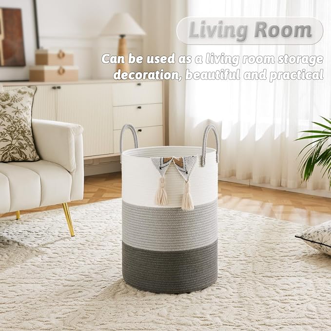Artfeel Laundry Basket,Woven Cotton Rope Laundry Hamper,100L for Decorative Storage of Dirty Clothes,Toys and Blankets in Bathroom,Bedroom and Living Room