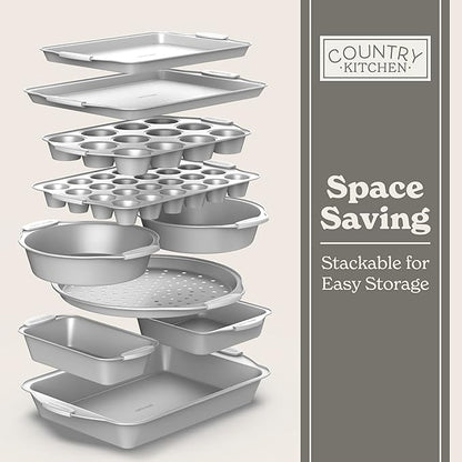Country Kitchen Nonstick Stackable Bakeware Set - Heavy Duty, Durable, Easy Release Baking Set, Silver, 10 Pcs