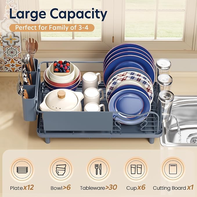 Dish Drying Rack Large Capacity - Stainless Steel Dish Rack for Kitchen Counter with Drain Board, Rustproof Dish Drainer with Auto Drain Spout, Utensil Holder & Glass Holder, Dinnerware Organizer