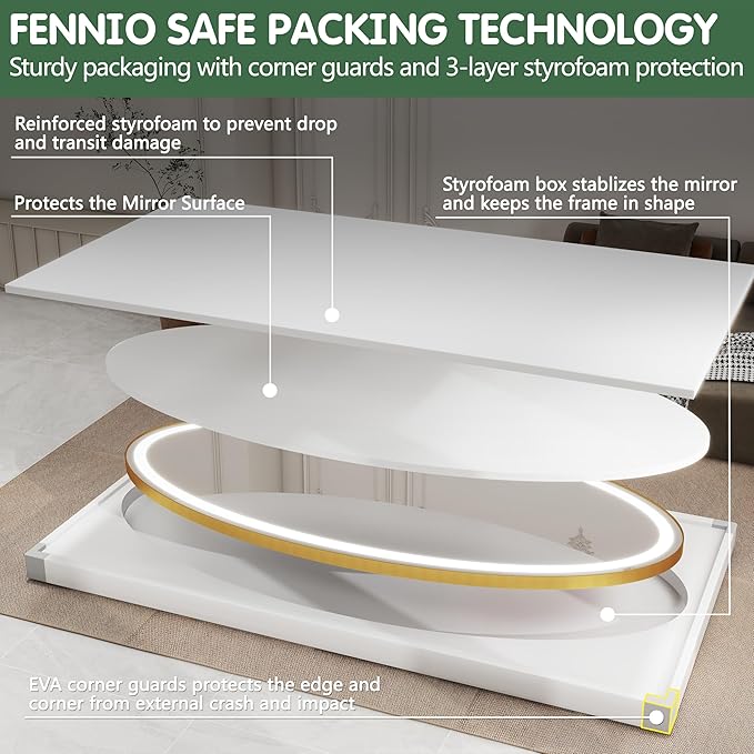 FENNIO 70" x 36" Large Wall Mounted Mirror with LED Lights, Oval Full Length LED Lighted Full Body Dressing Mirror for Bedroom, Salon, Brushed Aluminum Frame, Tempered Glass