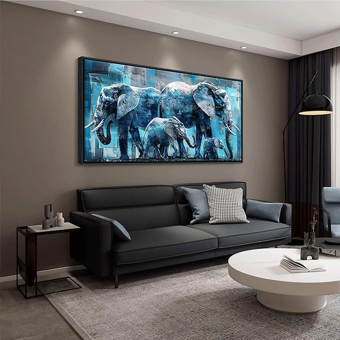 Elephant Canvas Wall Art 20x40 Inches - Framed Oil Painting Style with Black Wood Frame, Jungle Animal Decor for Living Room, Bedroom & Office - Ready to Hang