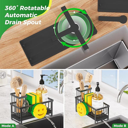 Taugast Sponge Holder for Kitchen Sink,Sink Caddy with Removable Dish Brush Holder,Self-Draining Kitchen Countertop Organizers and Storage Essentials,Soap Dispenser Organize and Home Decor-Black