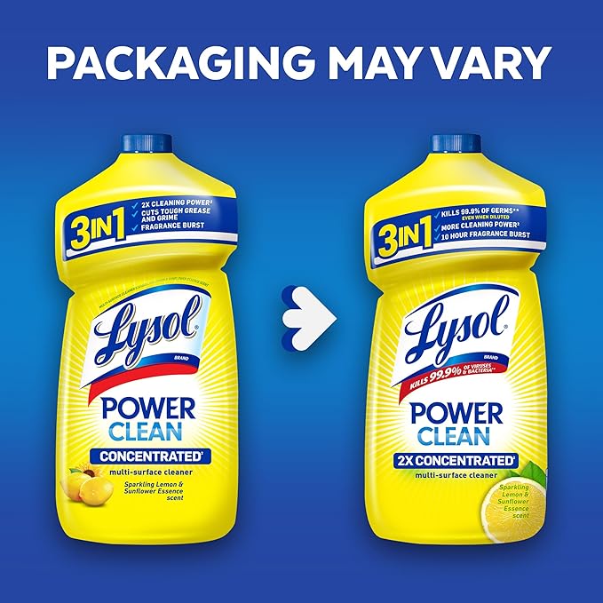 Lysol Power Clean Multi-Surface Cleaner, 2x Concentrated Pour, Sparkling Lemon & Sunflower Essence scent, 28 Fl Oz (Packaging May Vary), Pack of 9